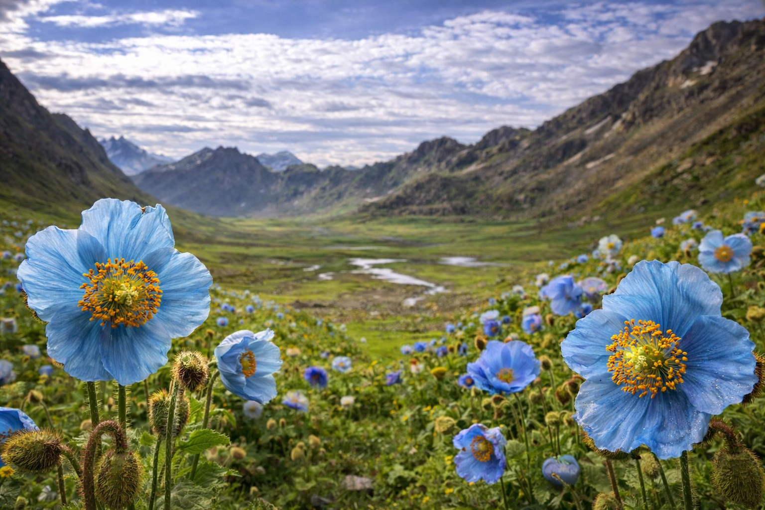 Blue Poppy flowers blooming in Jagmargi Meadows July