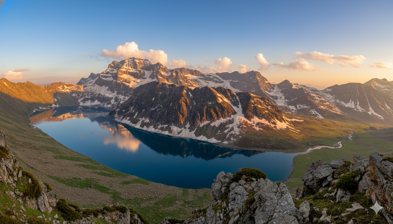 Marsar Lake visible from ridge at 6:30 AM surrounded by cliffs