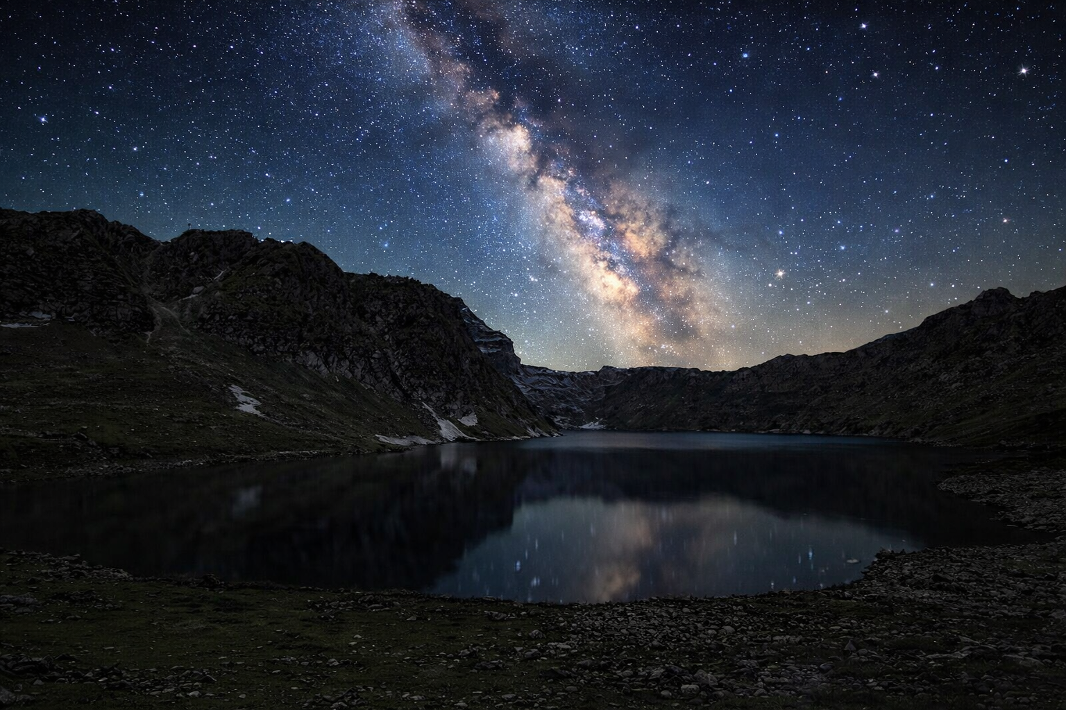 Milky Way reflected in Tarsar Lake at night